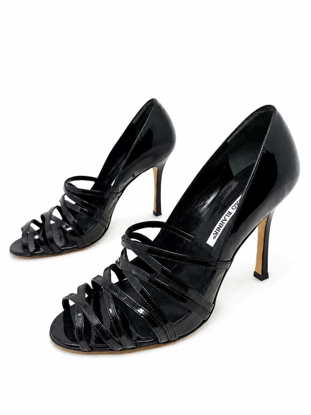 Manolo Blahnik CPETRA Patent Leather Strappy Heels Black Womens Size EU 37.5